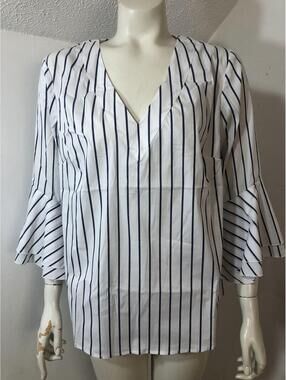 White House Black Market New Size 14 Popover Top Bell Sleeves Poplin Blue Stripe